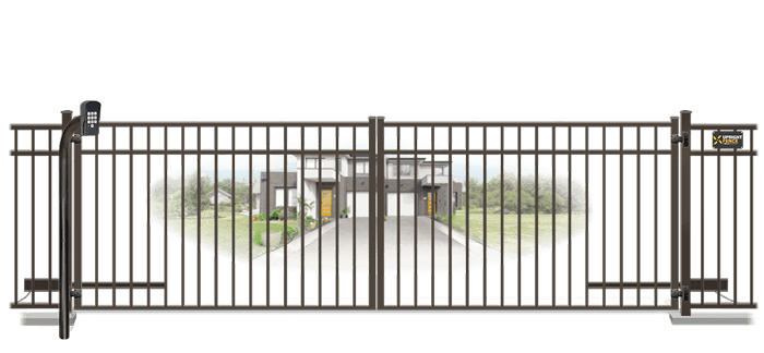 Metal swinging estate gate in closed position