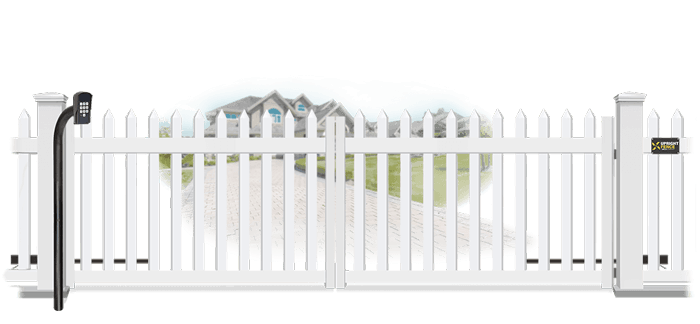 Vinyl swinging estate gate in closed position