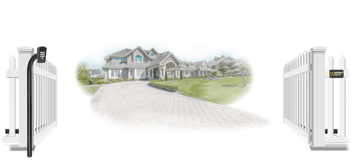 Vinyl swinging estate gate in open position