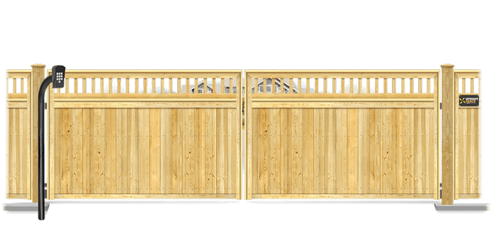 Wood swinging estate gate in closed position